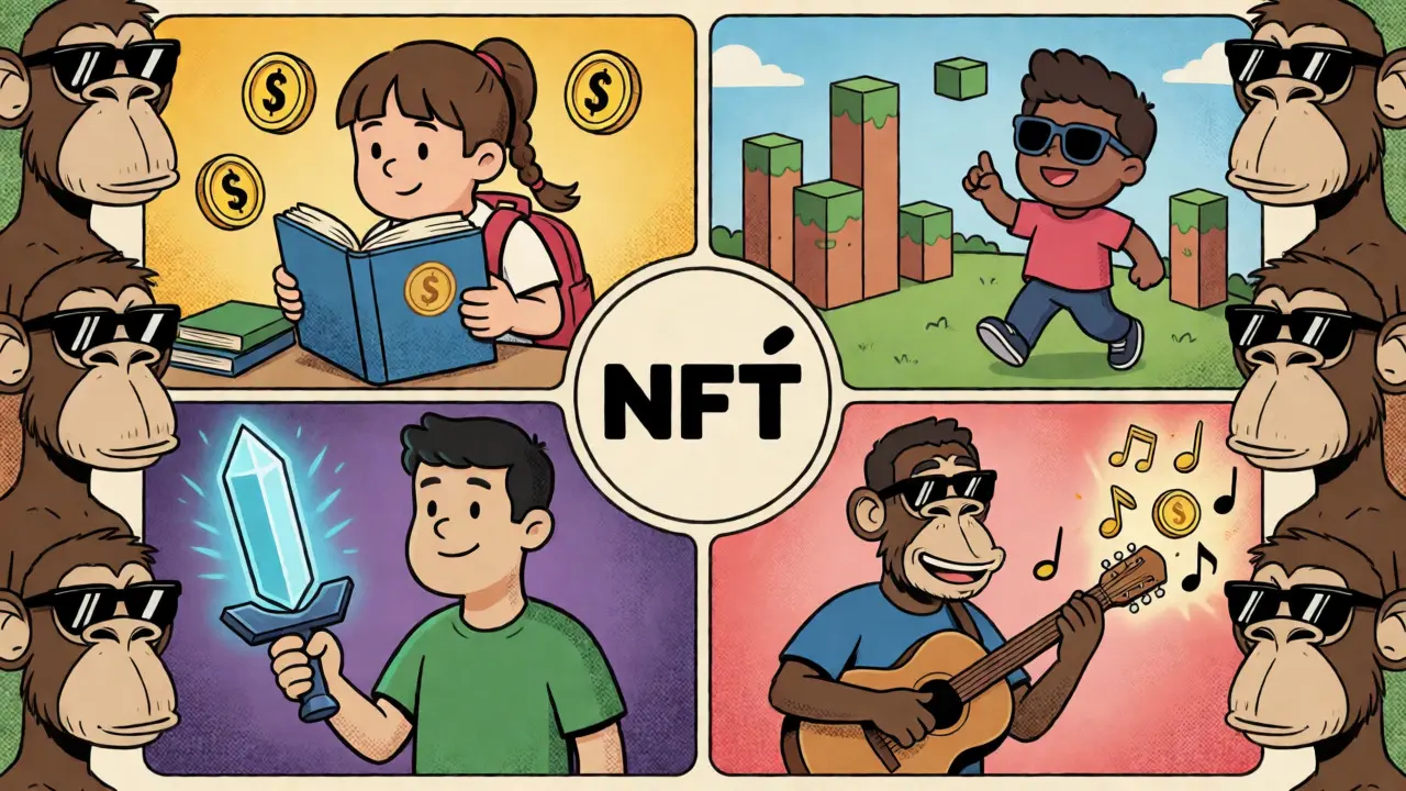 Comic panel showing education, metaverse, gaming, and music NFT uses