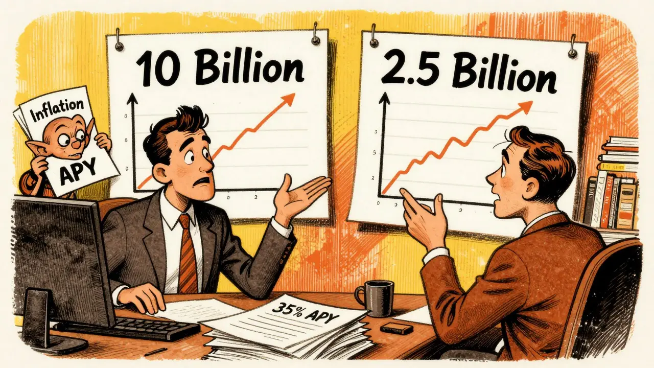 Confused investors arguing over conflicting supply charts in a retro cartoon.