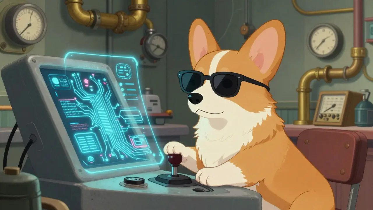 Corgi in sunglasses operating a retro-futuristic AI control panel in a vintage cartoon style