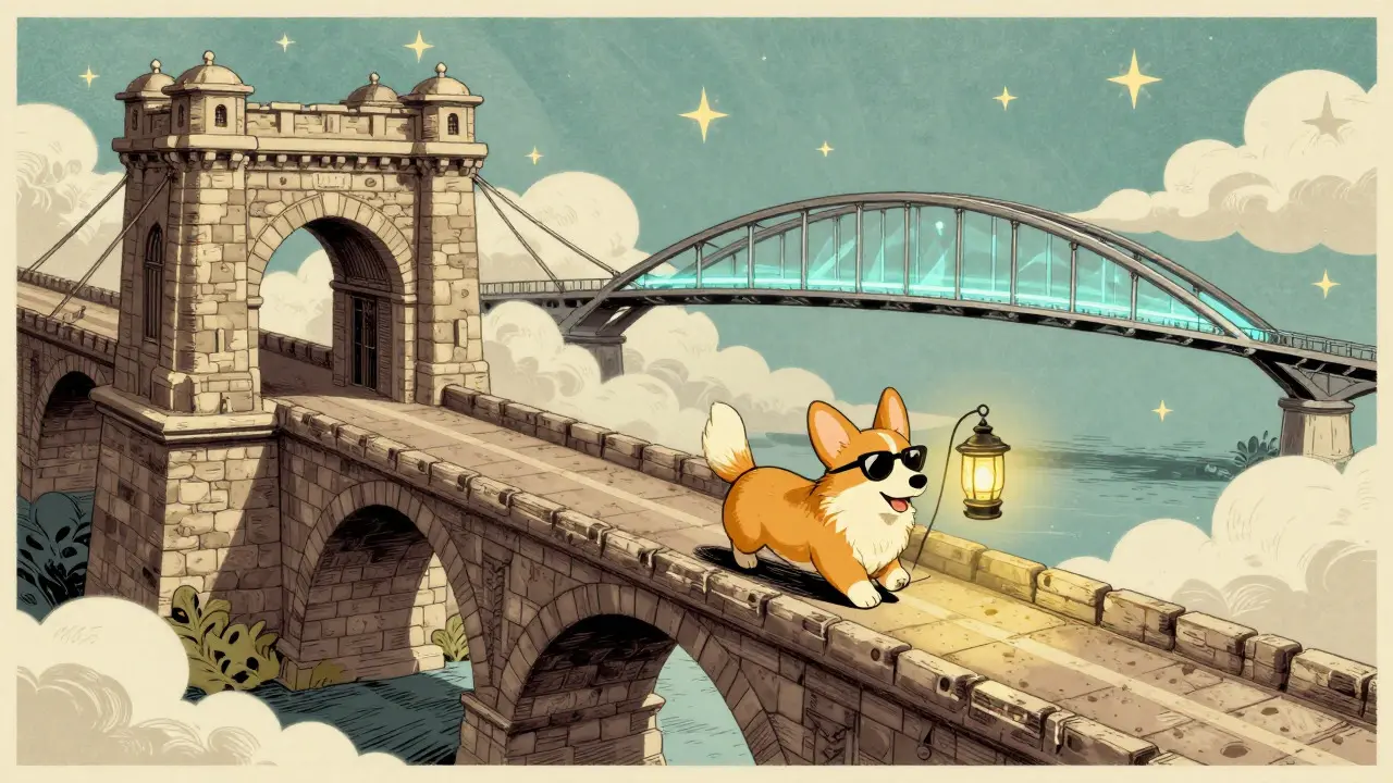 Corgi walking across a bridge connecting three different technological platforms in a vintage cartoon