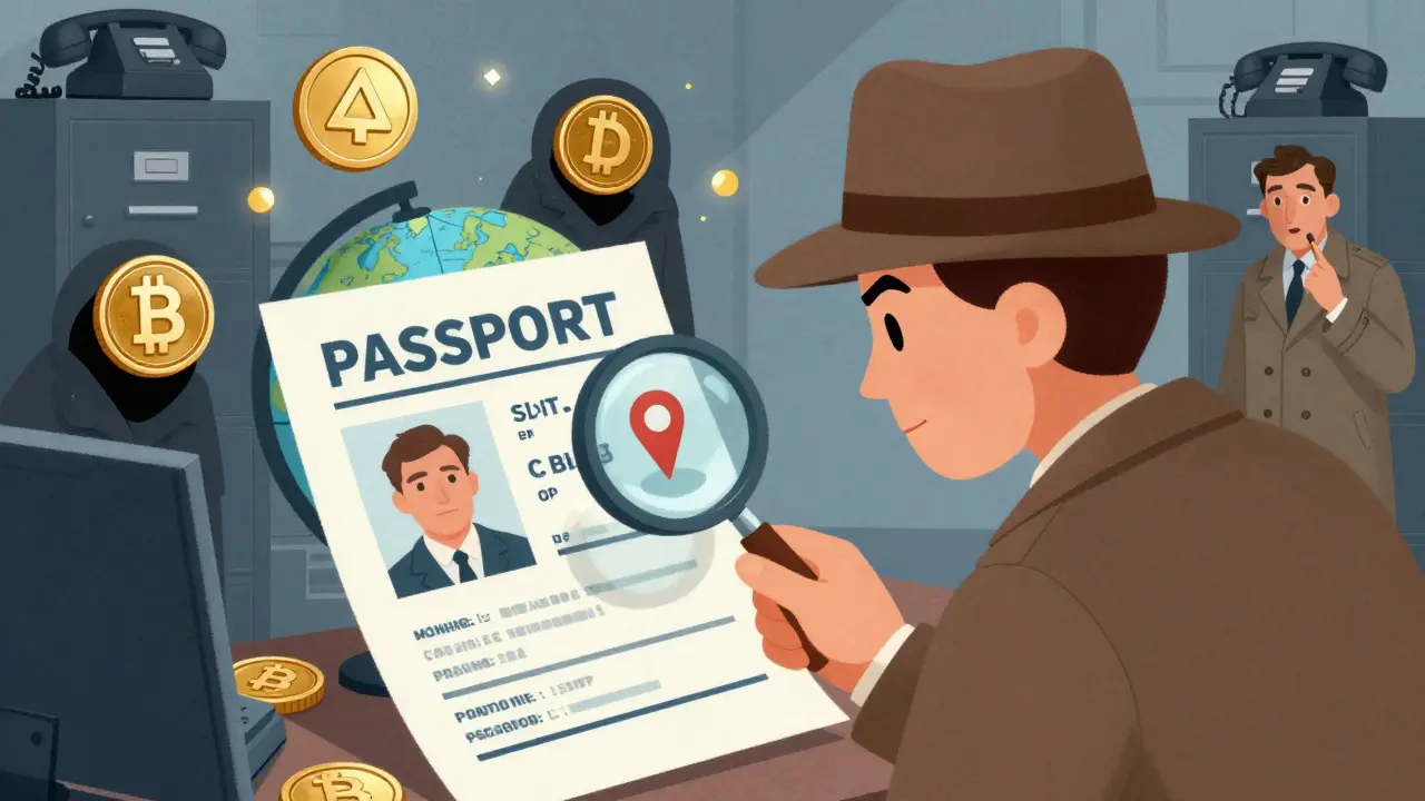 Detective inspecting ID mismatches while privacy coins hide in the shadows.