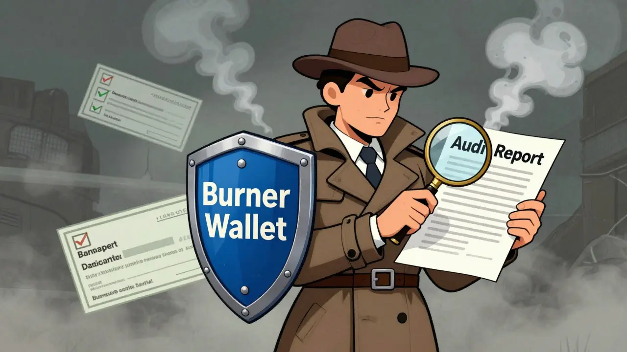 Detective user protecting crypto with burner wallet shield and audit report