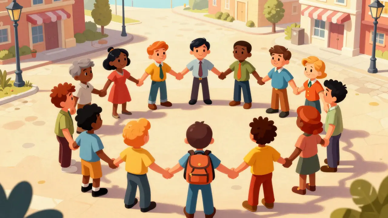 Diverse cartoon crowd holding hands around a backpack in a town square.