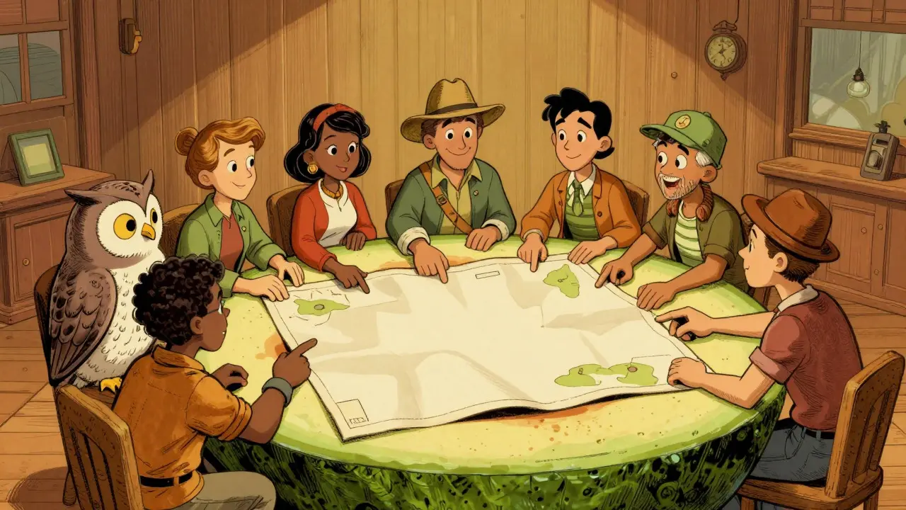 Diverse characters governing AvocaDAO around avocado table