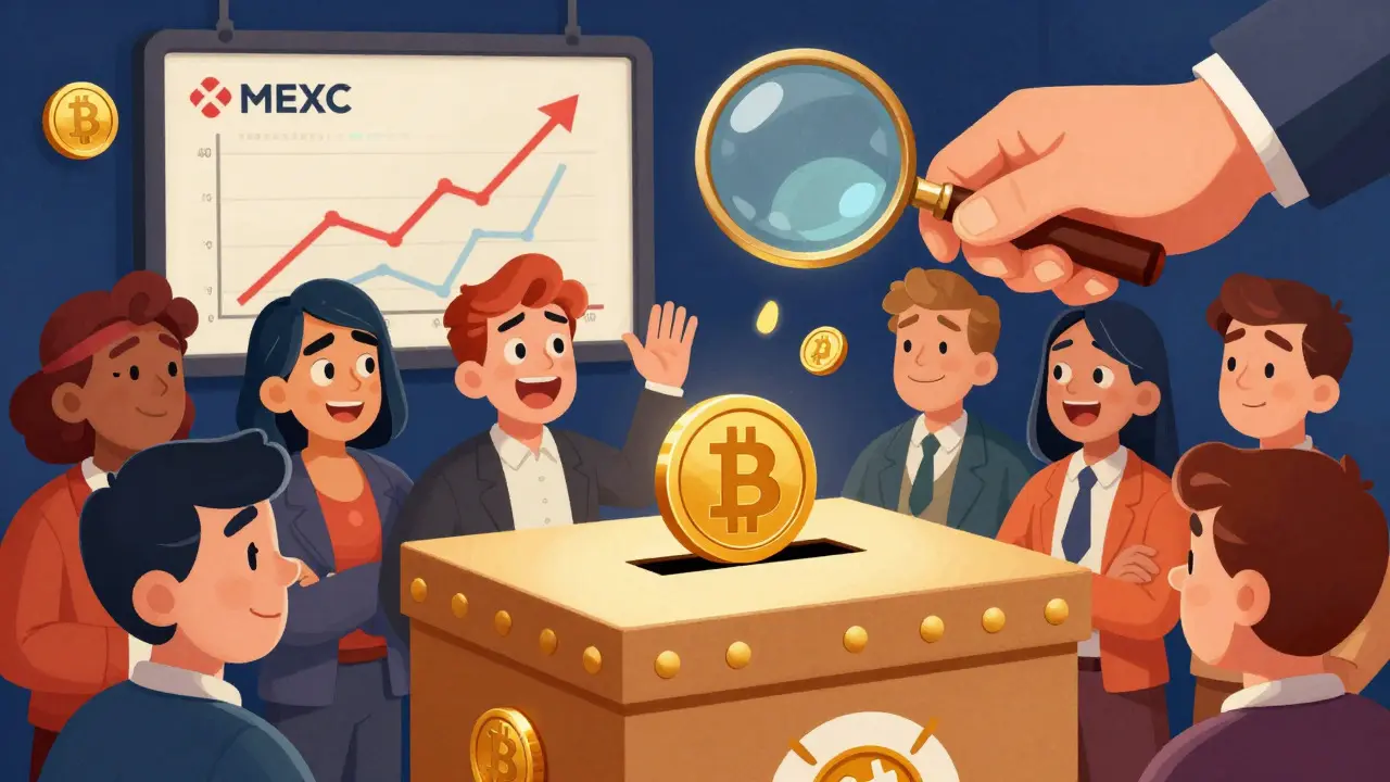 Group of cartoon characters voting with tokens at a digital terminal in a vibrant room