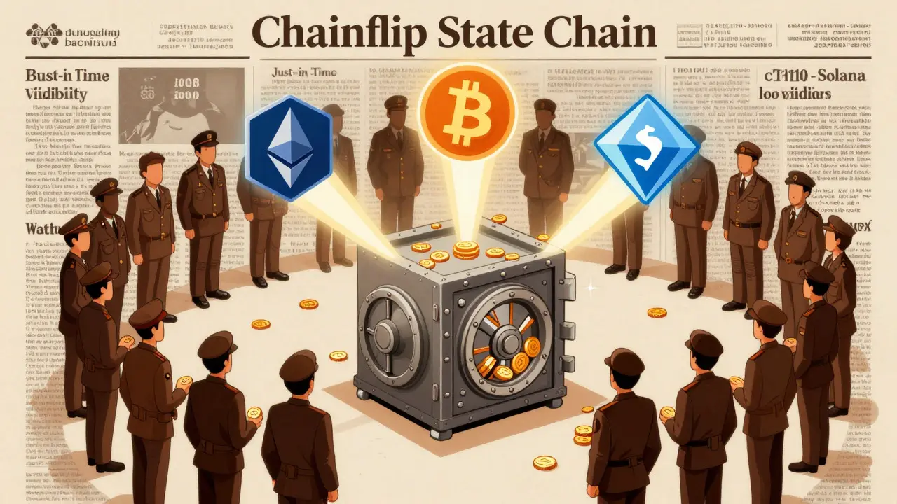 Illustration of a central vault coordinating blockchain swaps with validator protection