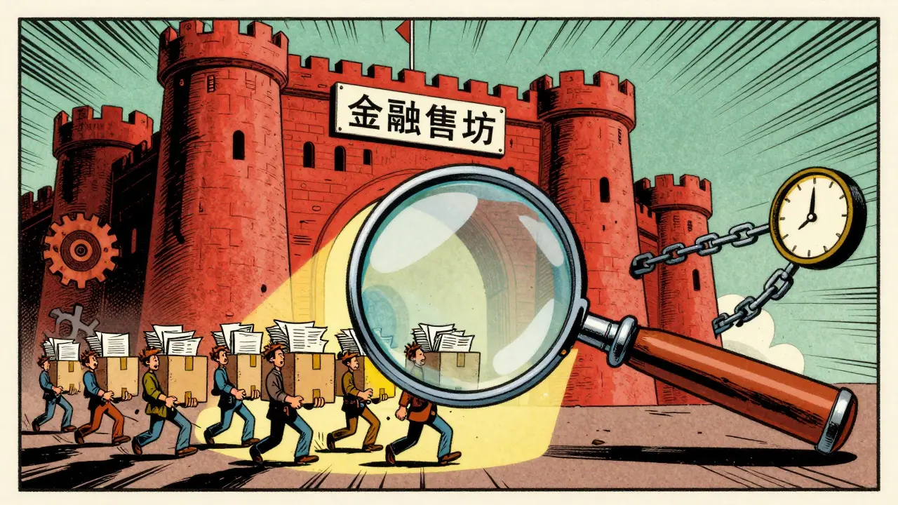 Illustration of a giant magnifying glass inspecting a small startup team