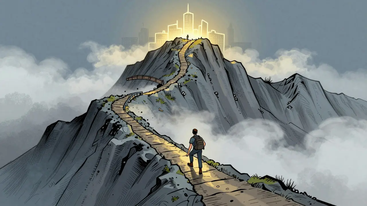 Illustration of a person climbing a difficult path toward a glowing city