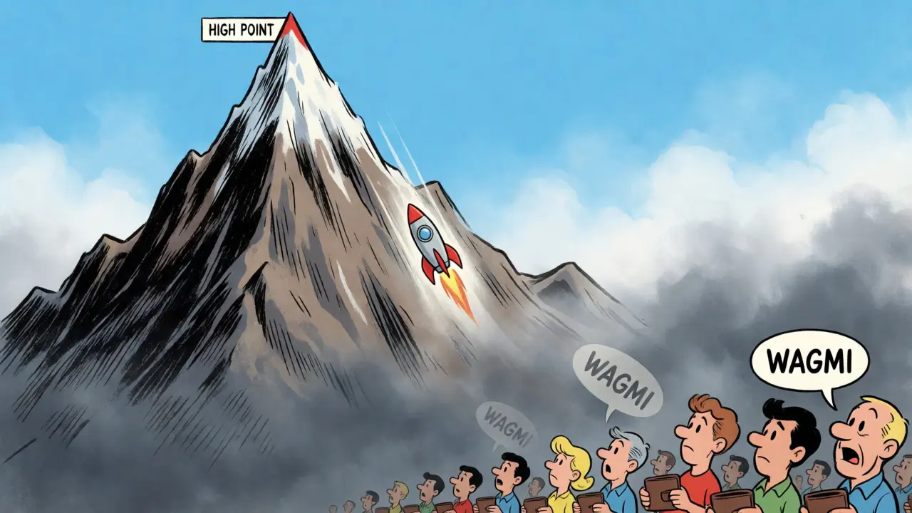 Illustration of a rocket crashing down a steep mountain, symbolizing token price drop.