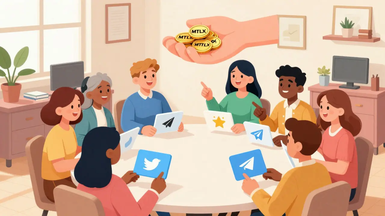 Illustration of cartoon characters sharing social media icons around a table