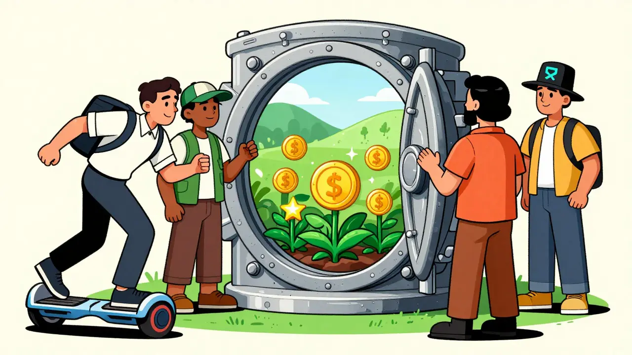 Illustration of traders and farmers gathering around a secure digital vault