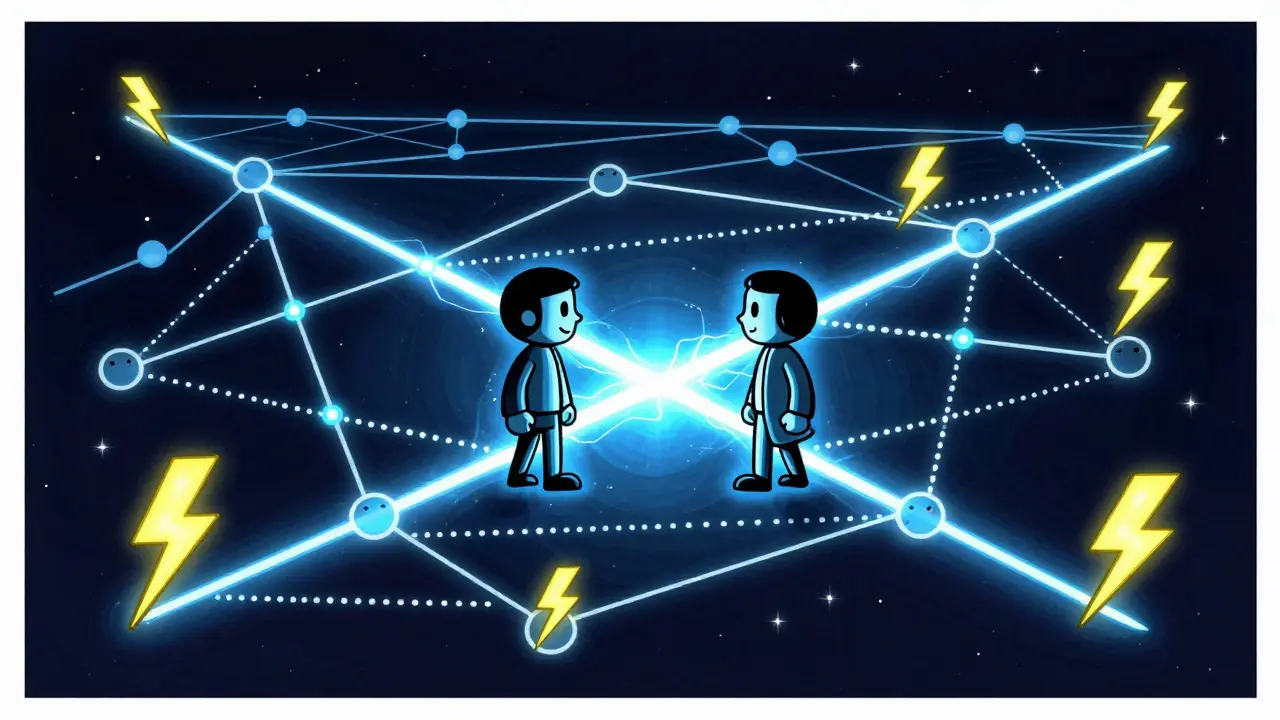Illustration of users connected by glowing lightning bolts in a network web