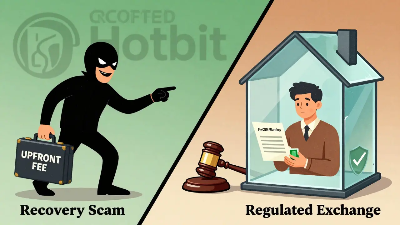 Illustration warning against fund recovery scams vs safe exchanges