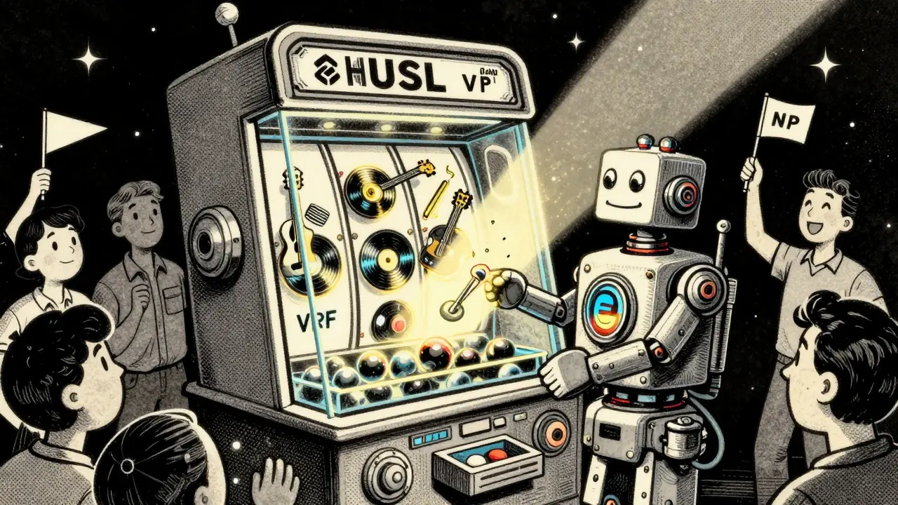 Mechanical robot operating a lottery machine with glowing musical instruments inside