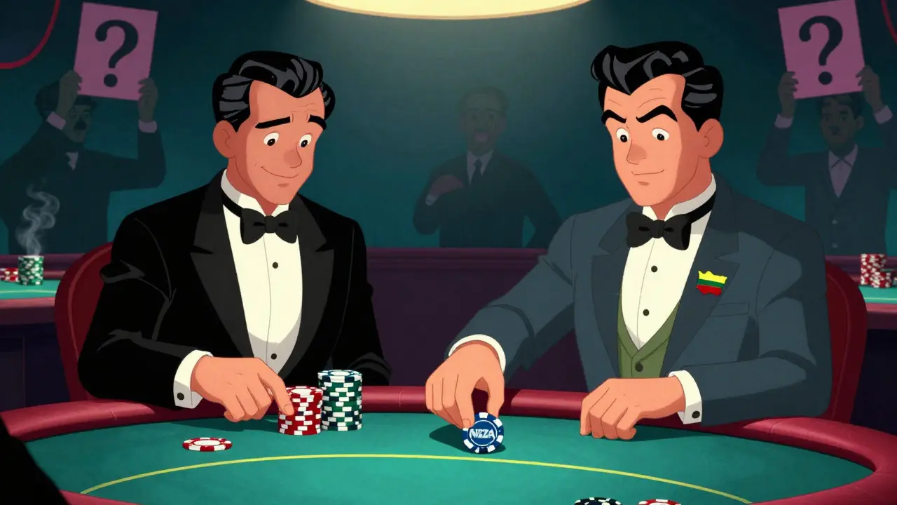 Poker player betting NIZA chips at a retro casino table in vintage cartoon art.