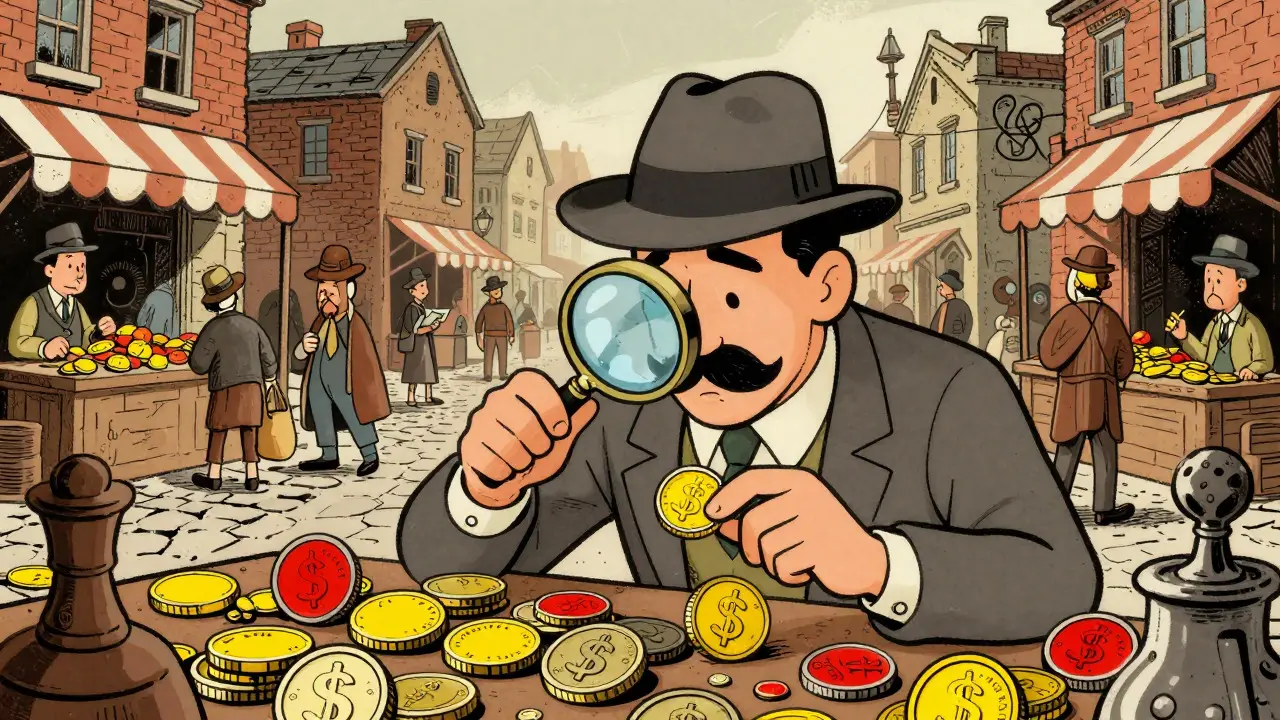 Quirky cartoon figures trading coins in a busy, vintage-style marketplace
