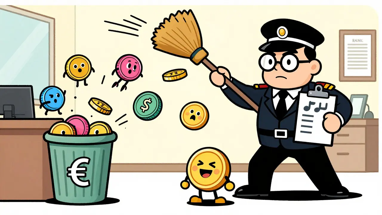 Regulator sweeping non-compliant stablecoins out of a European office in vintage style.
