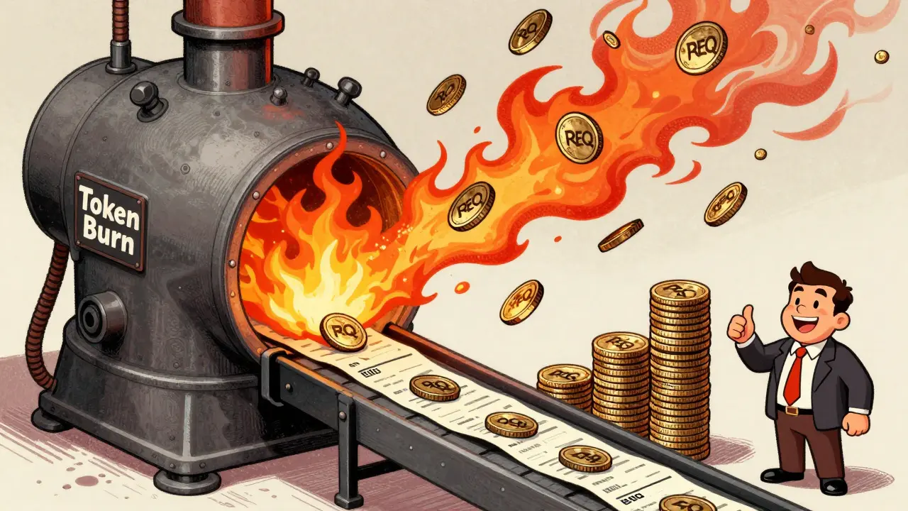 REQ tokens being burned in an incinerator to create scarcity and value