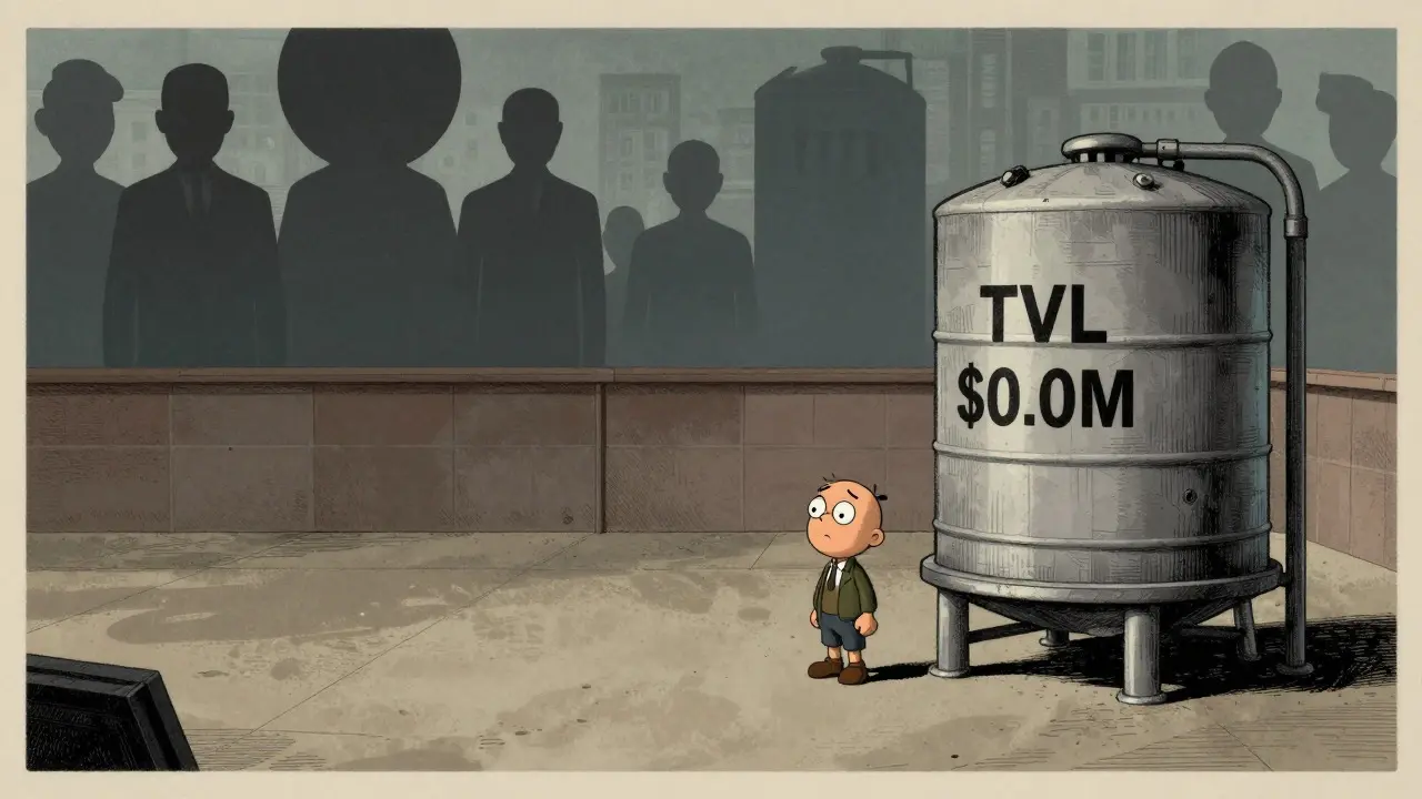 Retro cartoon showing an empty trading pool representing low liquidity.