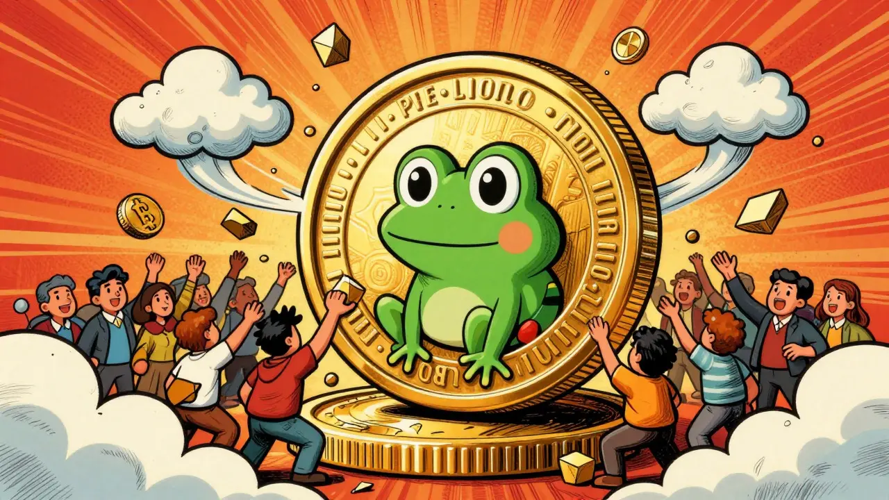 Retro illustration of a golden coin with a frog face surrounded by cheering crowd