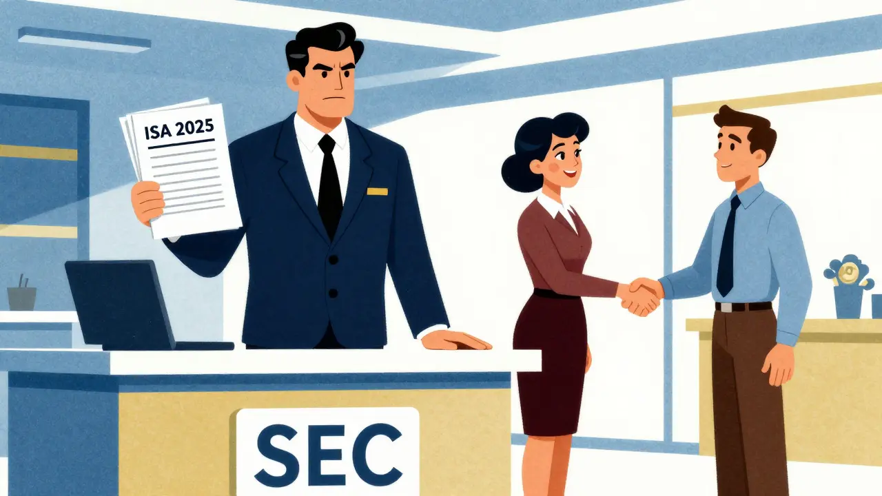 Retro illustration of regulators and bankers shaking hands under new crypto laws.