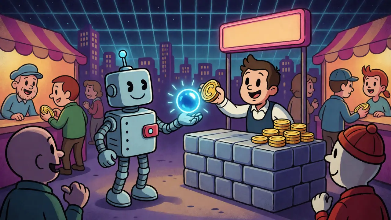 Robot wallet exchanging energy orbs for coins at a retro futuristic market stall.