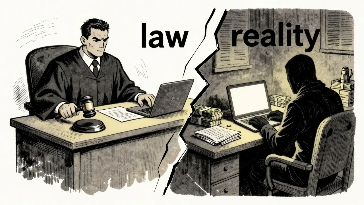 Split view of a judge enforcing law versus an individual trading secretly online