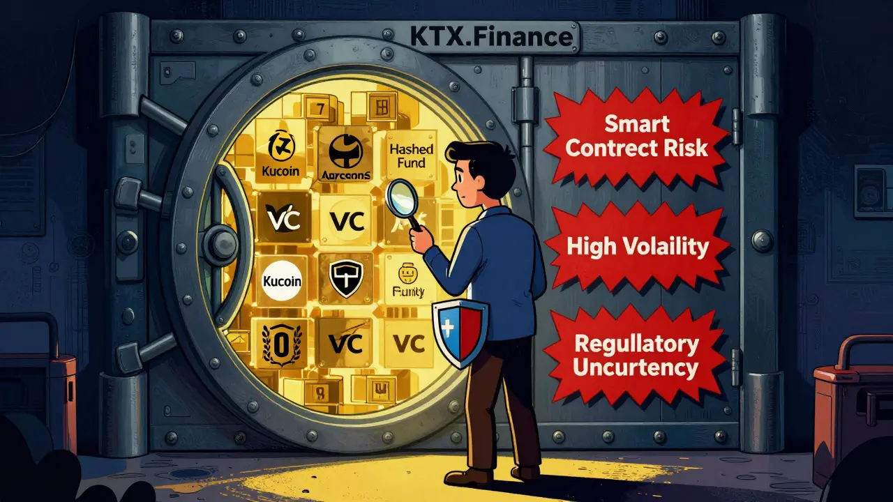 Trader weighing risks and rewards of KTX.Finance in retro cartoon art