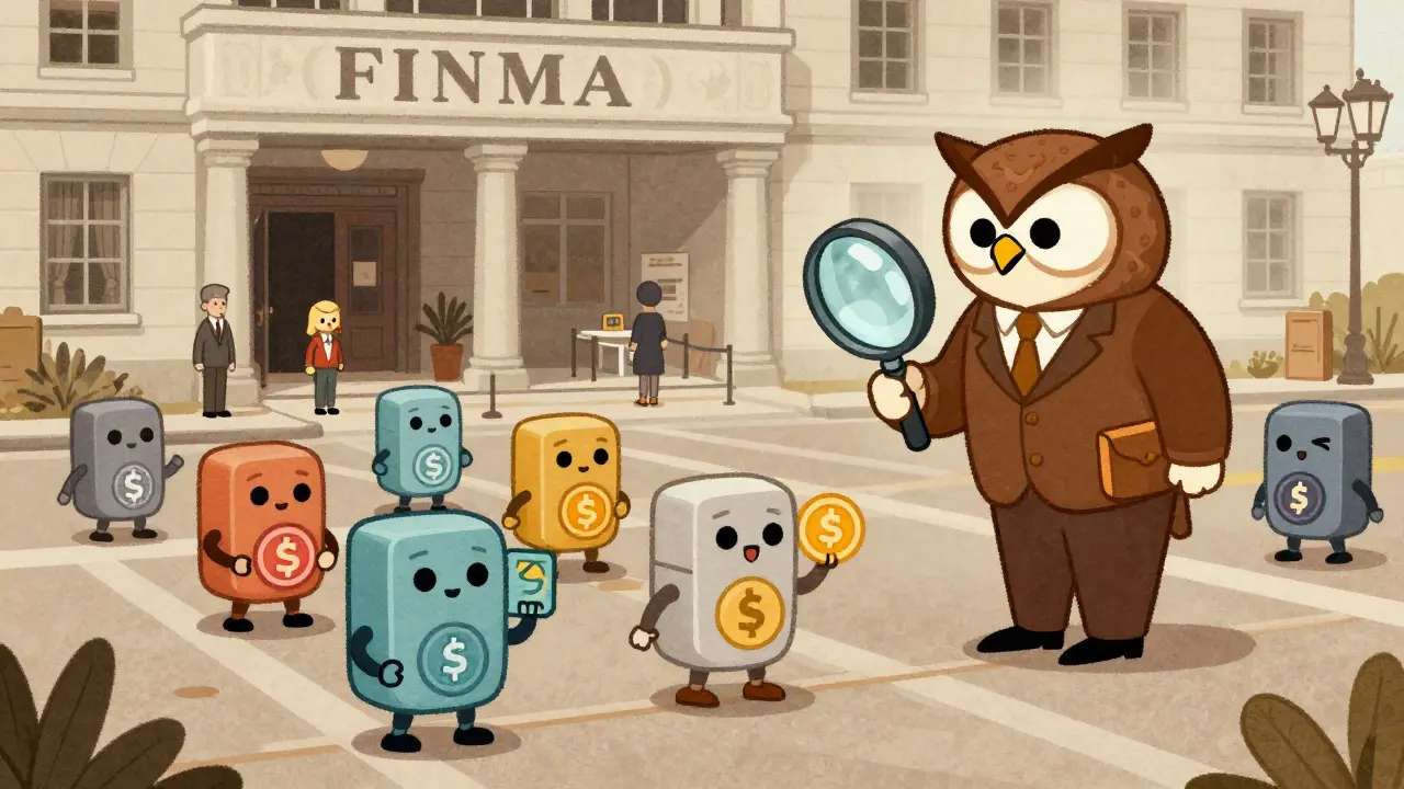Vintage cartoon of FINMA regulator sorting crypto tokens by type