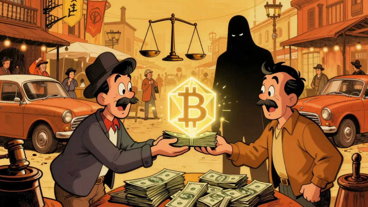 Vintage cartoon of people trading cash for crypto in a busy market