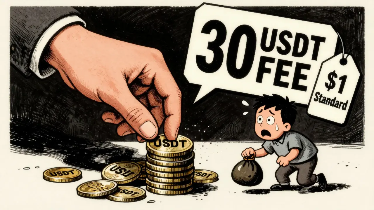 Vintage cartoon showing high withdrawal fees trapping users