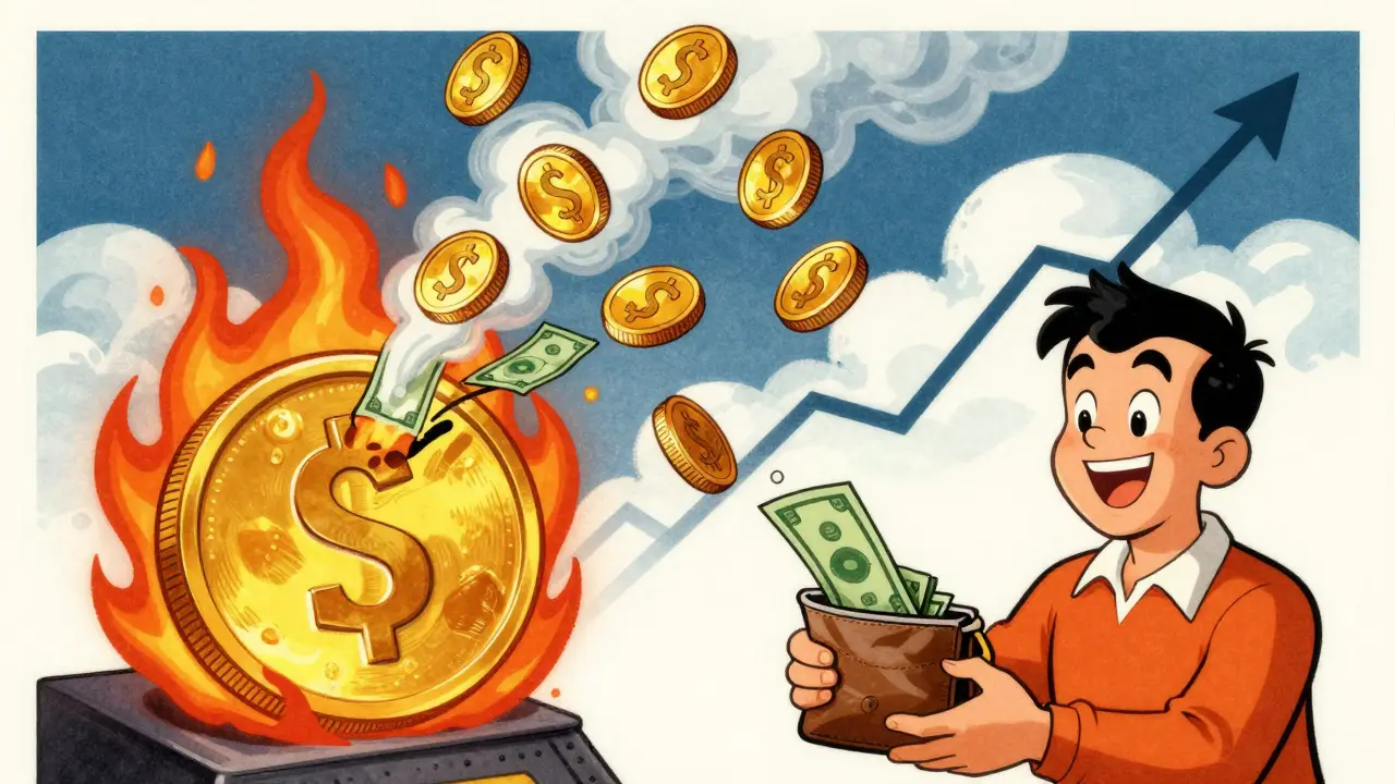 Vintage cartoon showing stablecoins burning to create new FLIP tokens in a furnace