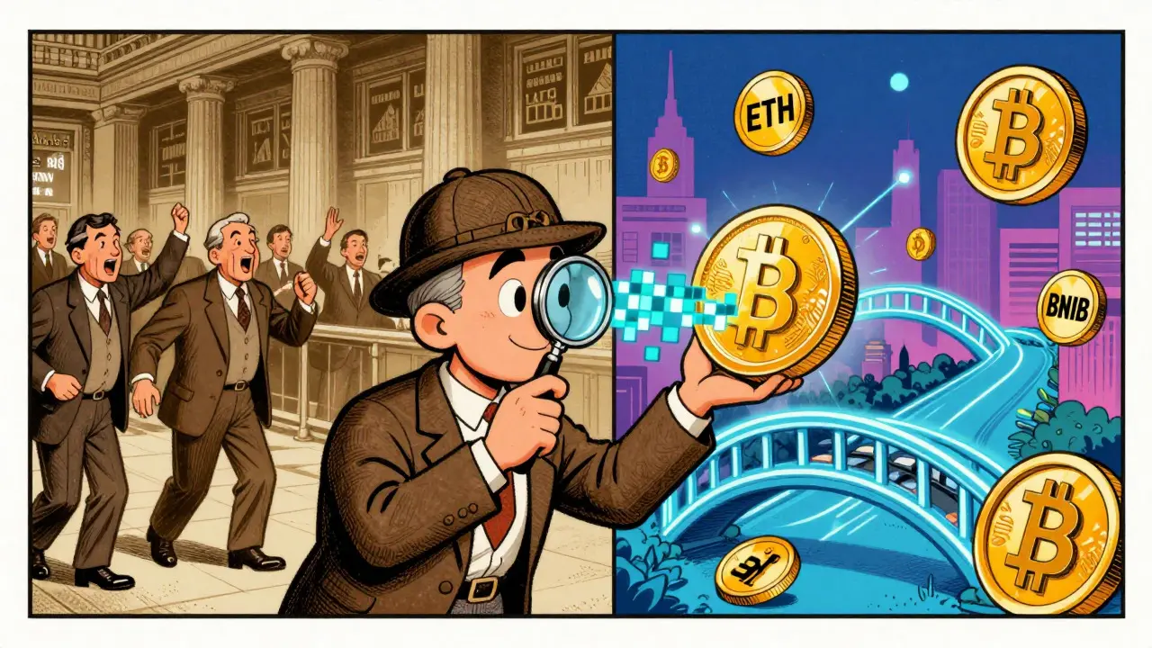 Vintage comic split screen showing stock market vs crypto chains