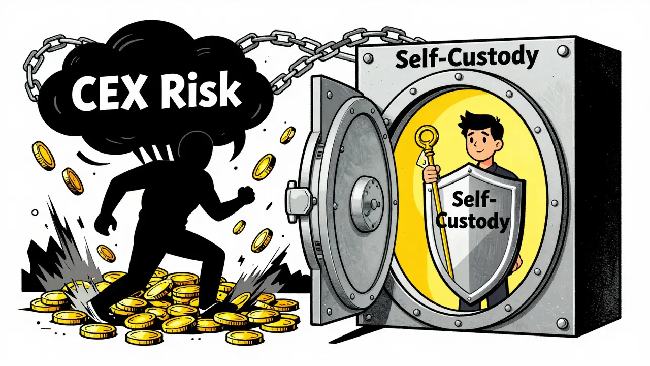 Vintage comic style illustration contrasting risky centralized exchanges with safe self-custody.