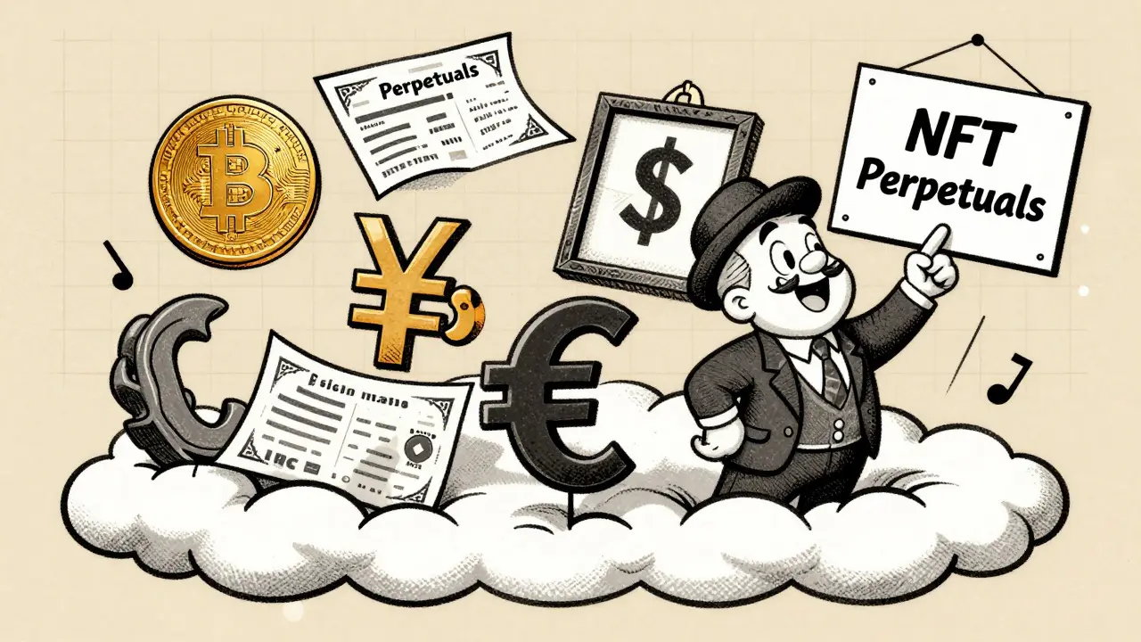 Vintage illustration of crypto, stocks, and NFTs trading together in a cloud.