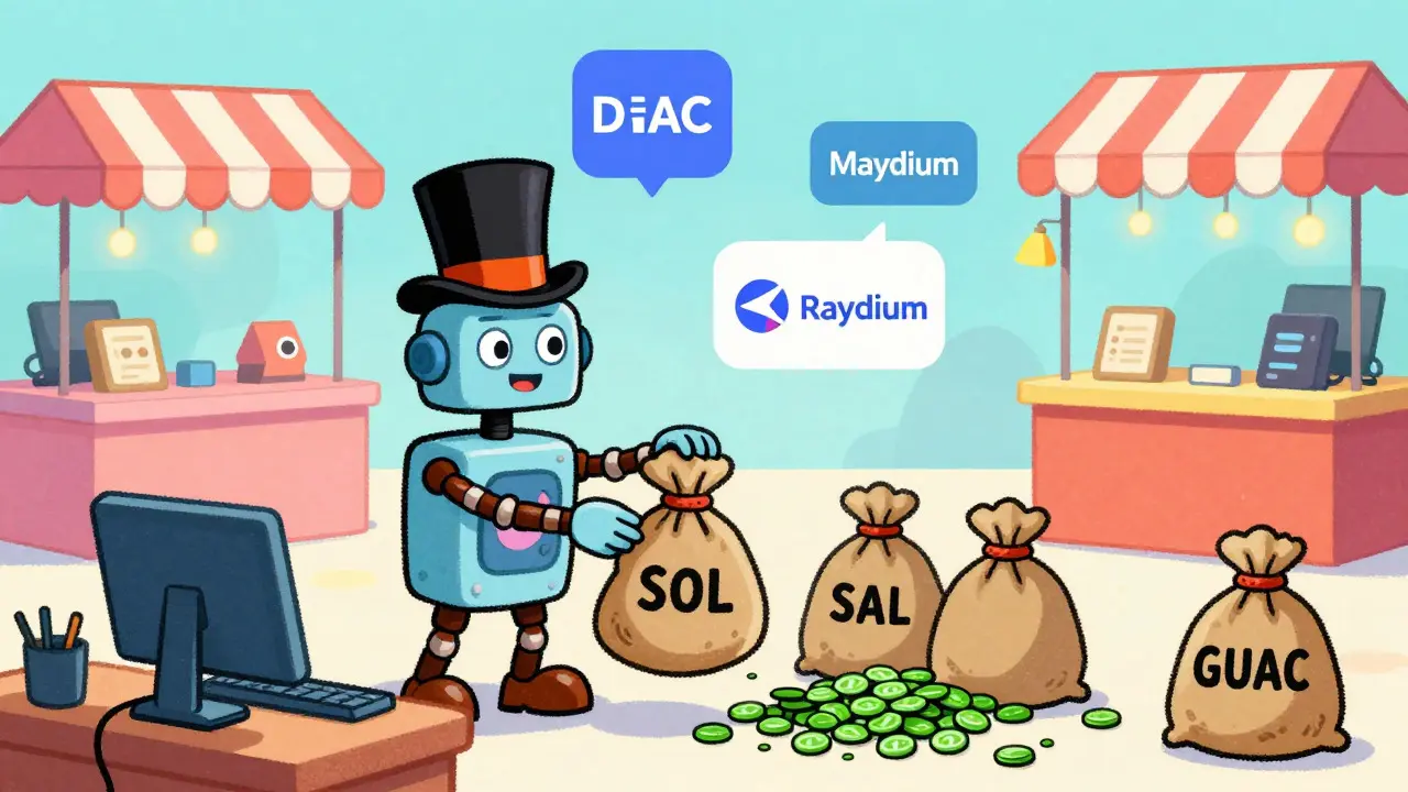 Vintage illustration of robot trading SOL for GUAC tokens