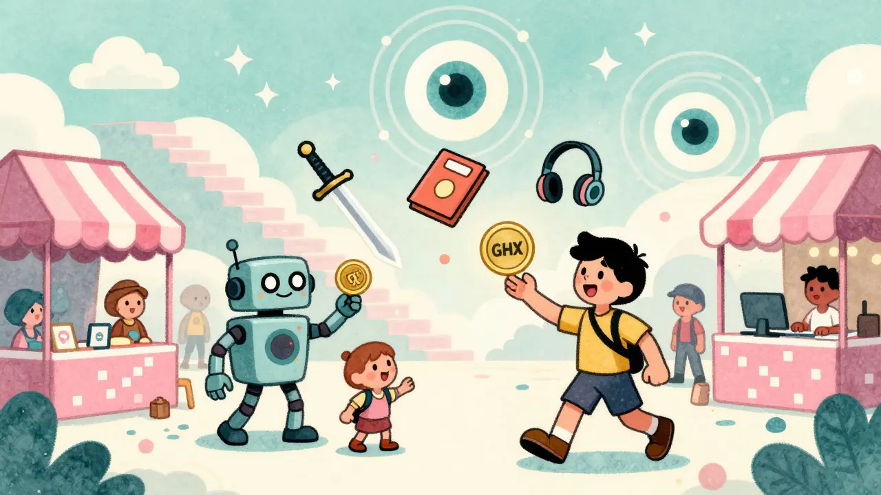 Whimsical cartoon marketplace where gamers trade tokens for digital goods