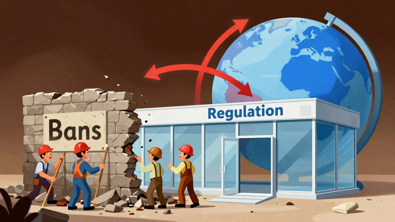 Workers replacing a crumbling ban wall with a modern regulatory structure