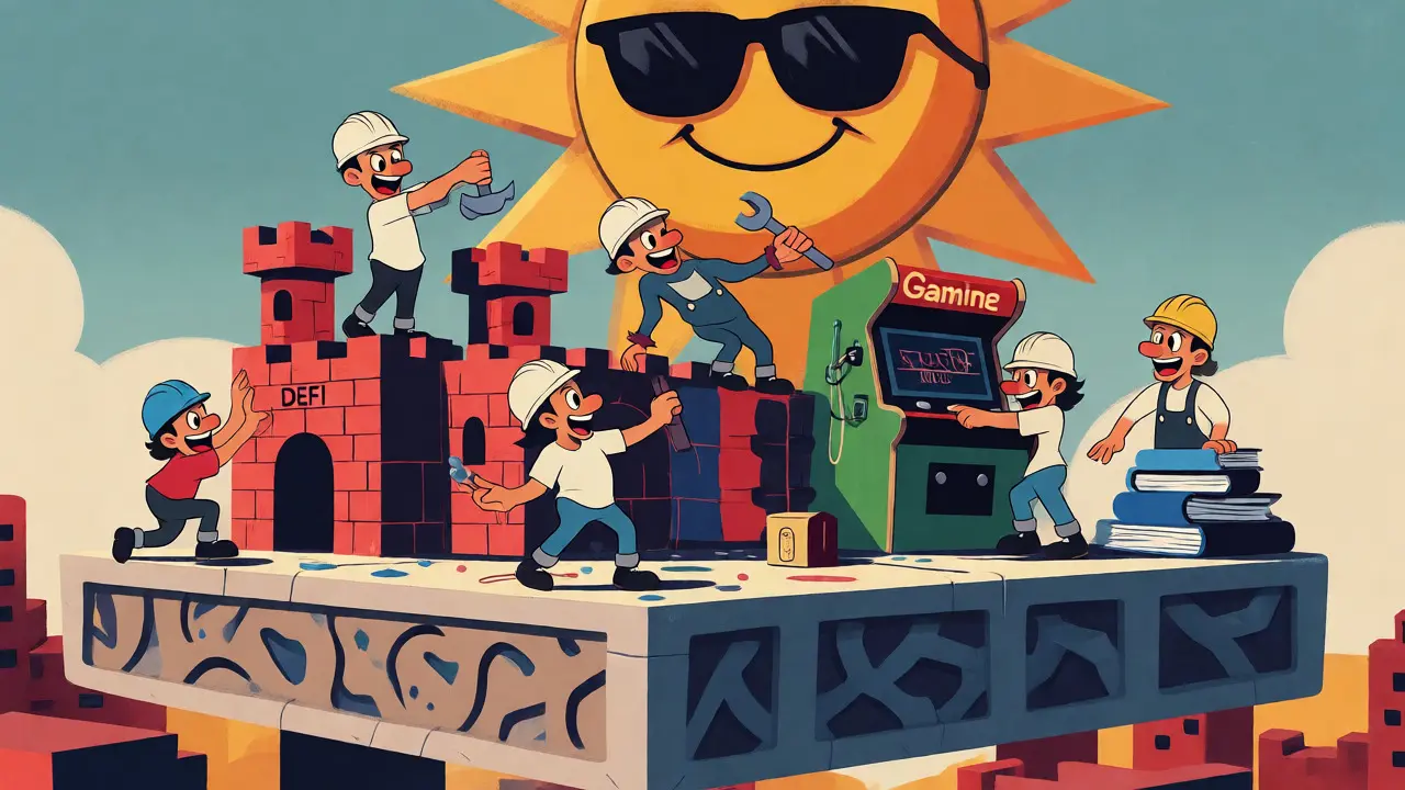 Cartoon builders creating diverse apps like games and DeFi on a shared platform.