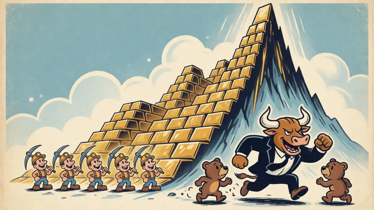Cartoon bull charging up a mountain of gold bars symbolizing post-halving price surge.