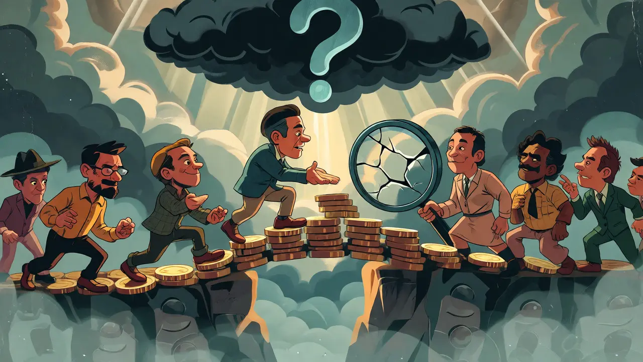 Cartoon characters crossing coin bridge under stormy risk clouds