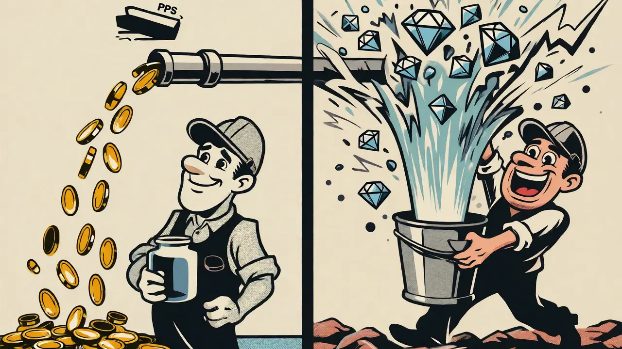Cartoon comparison of steady PPS earnings versus volatile PPLNS rewards.