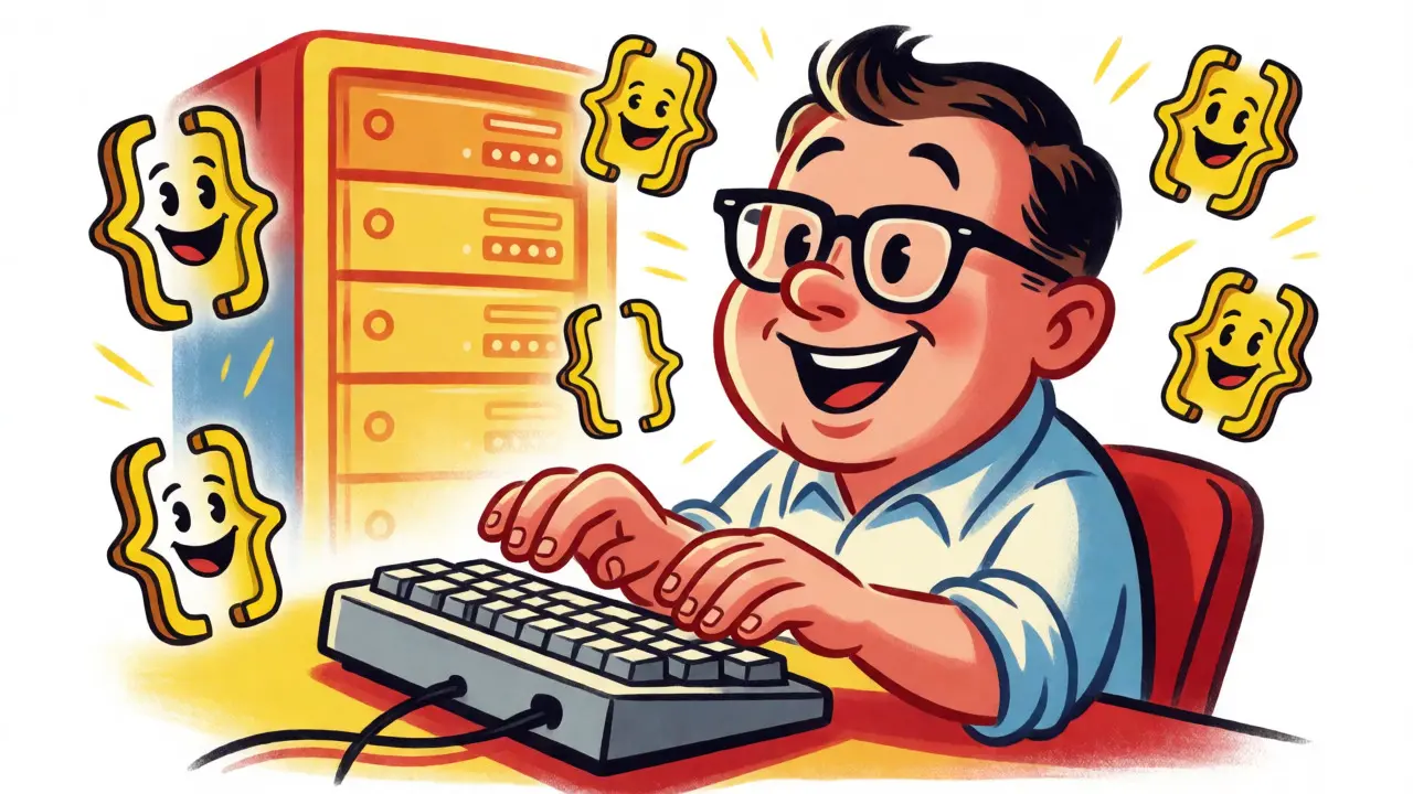 Cartoon developer coding with friendly JavaScript symbols on Lisk platform