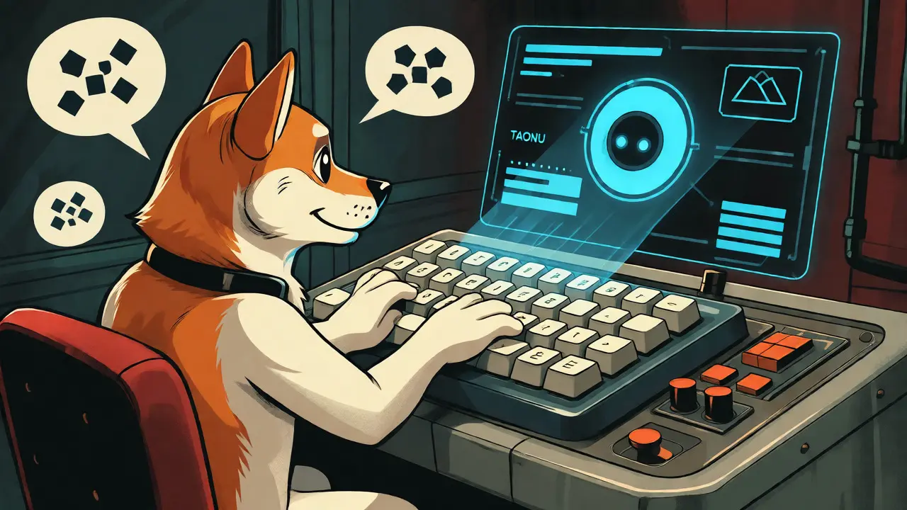 Cartoon dog using AI chatbot interface on blockchain