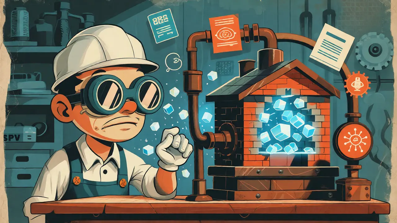 Cartoon engineer transforming a house model into digital tokens