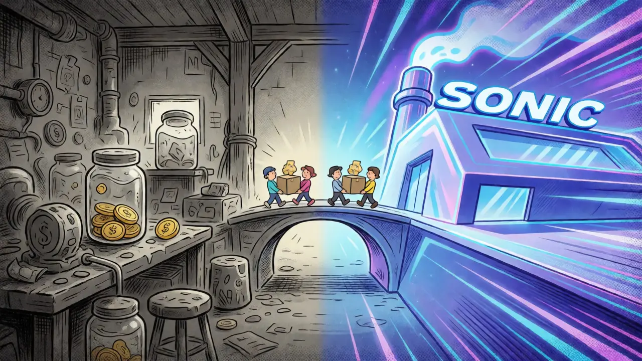 Cartoon illustration of migrating from old DEX to new Sonic chain