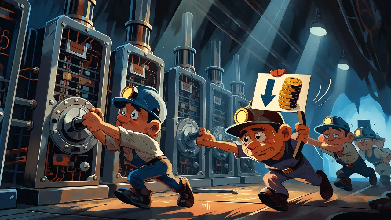 Cartoon miners struggling with heavy machinery as their rewards decrease.