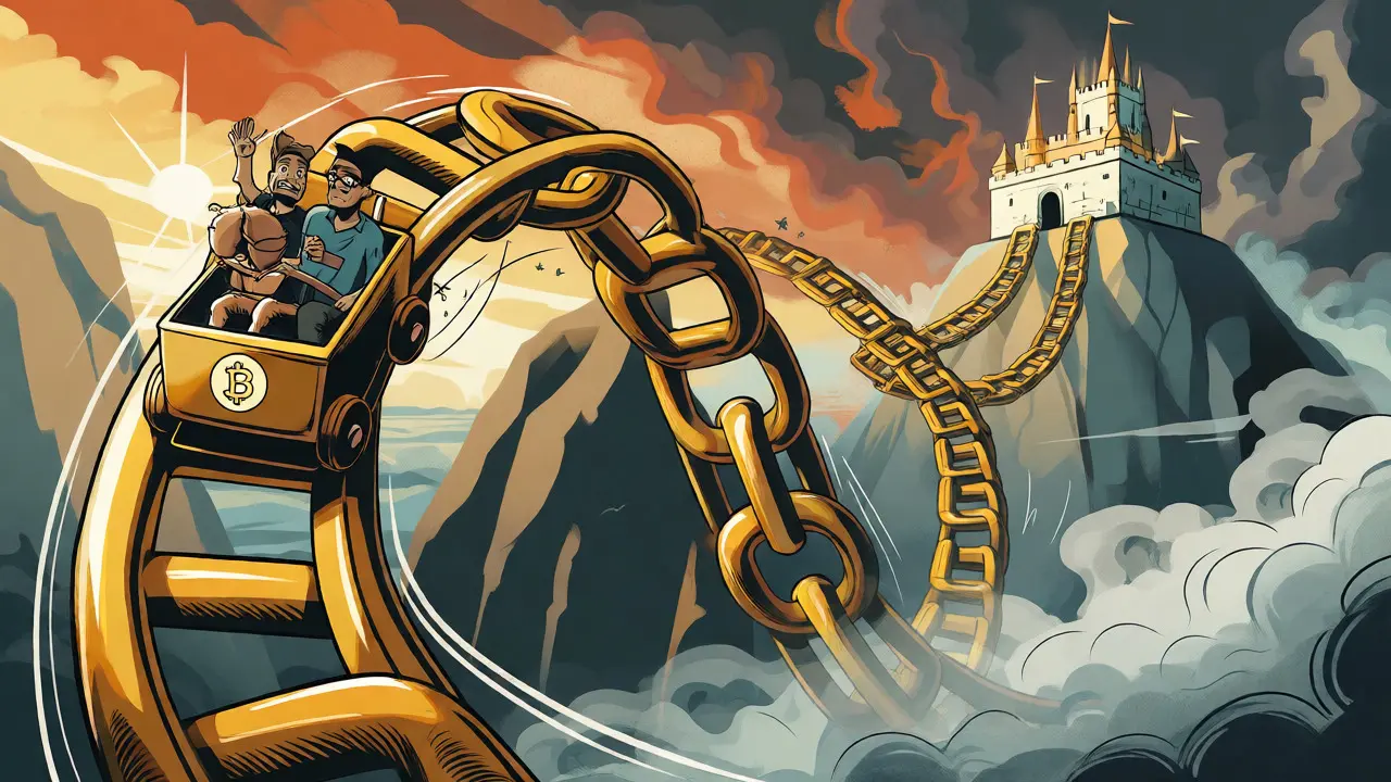Cartoon roller coaster path splitting between a bright castle and misty uncertainty, showing investment risks.