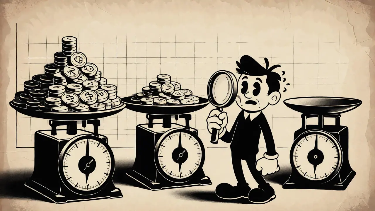 Cartoon showing conflicting token supply data on mismatched scales.