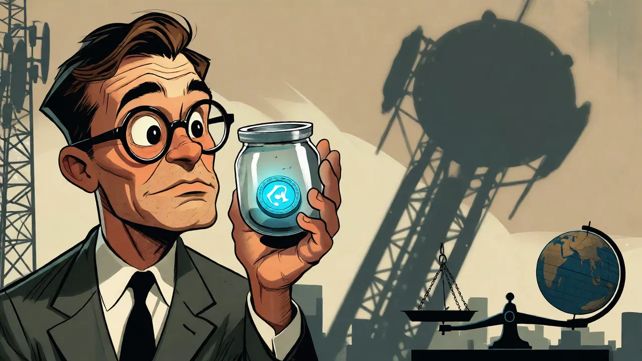 Cautious investor holding a DENT token against a backdrop of telecom infrastructure, vintage style.